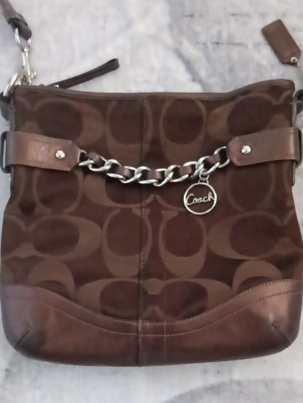 Coach Brown Signature Canvas Shoulder Bag with Silver Chain Charm